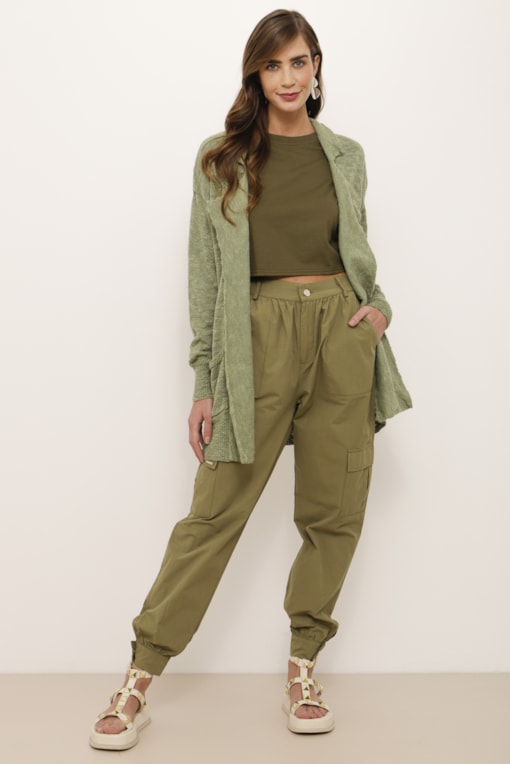 Cardigan Alongado Tricot Flamê Verde 