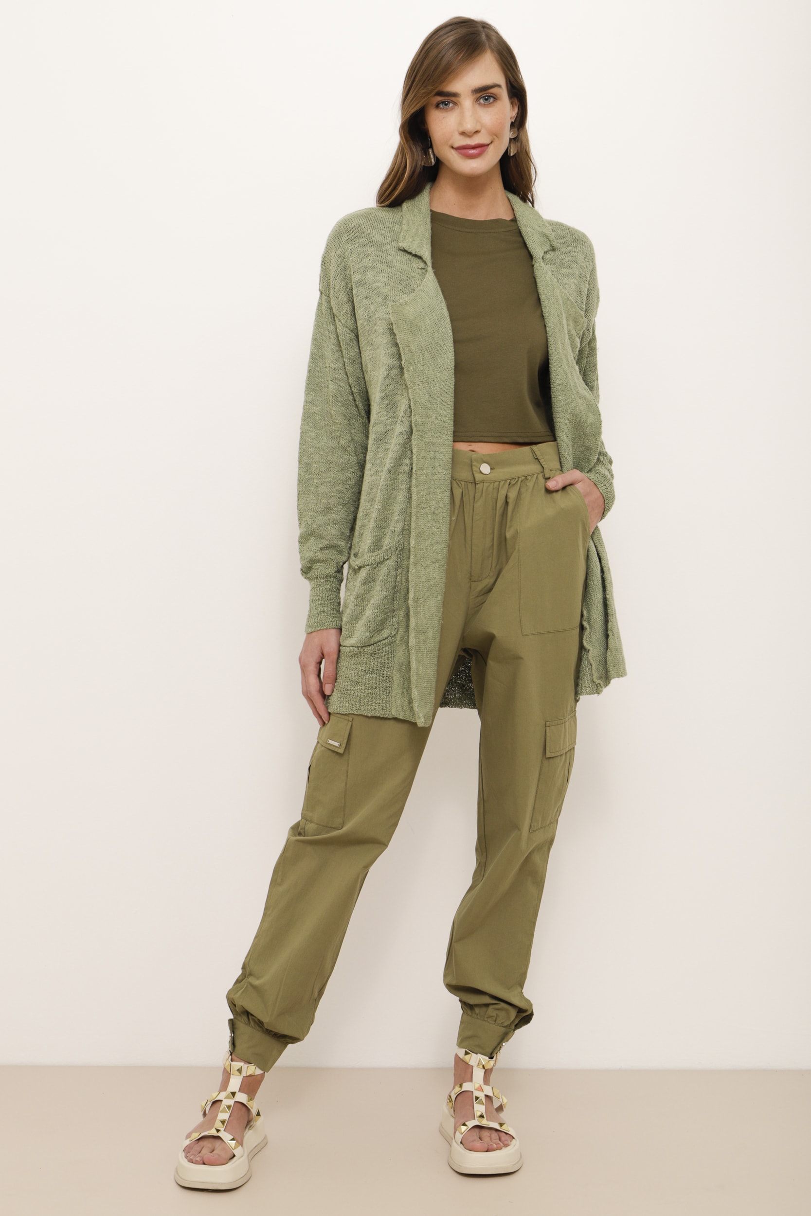 Cardigan Alongado Tricot Flamê Verde 