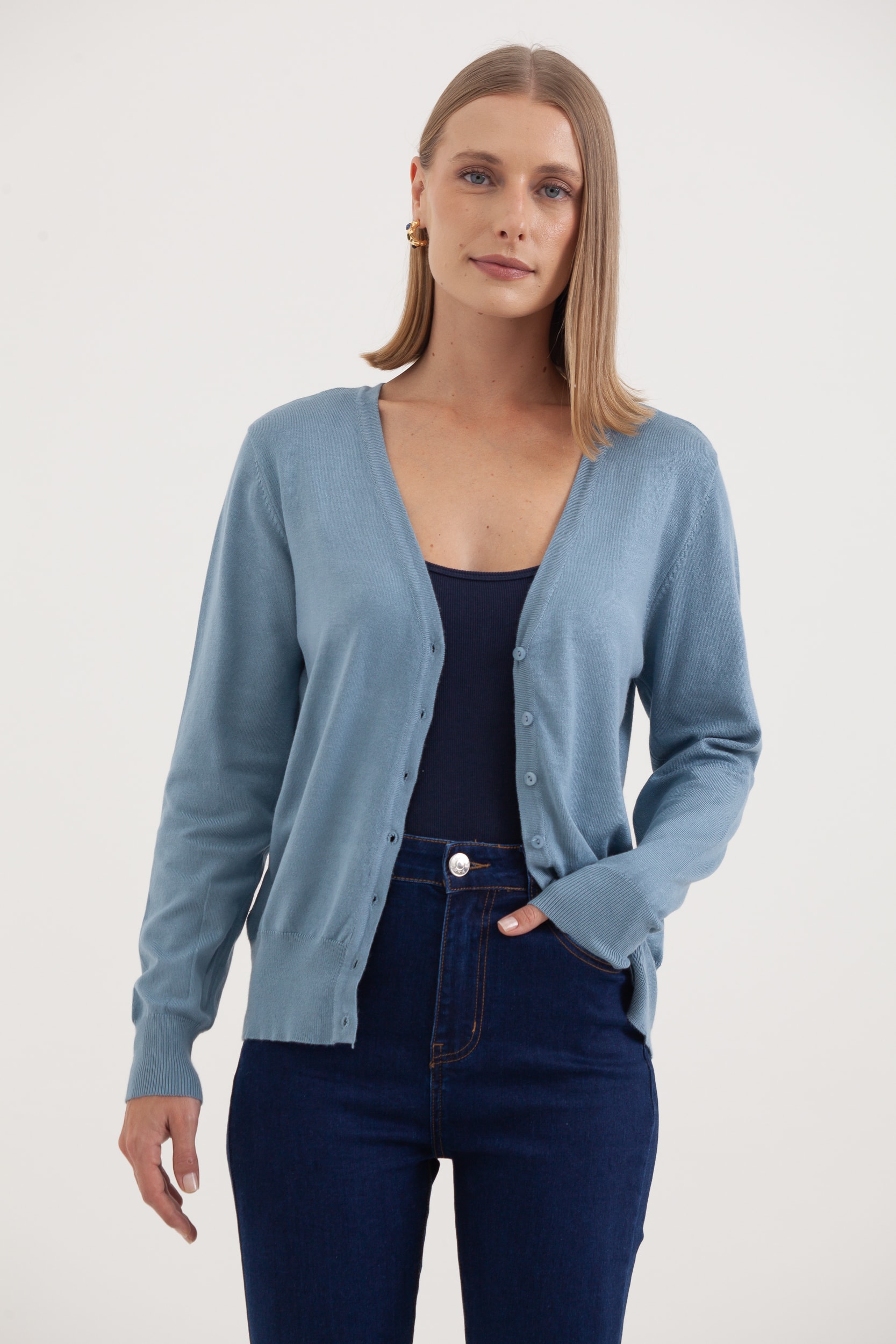 Cardigan Decote V  Azul