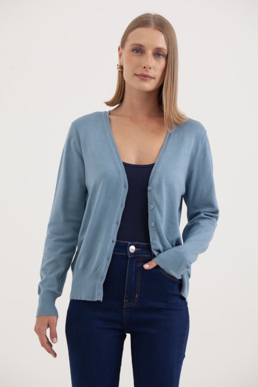 Cardigan Decote V  Azul
