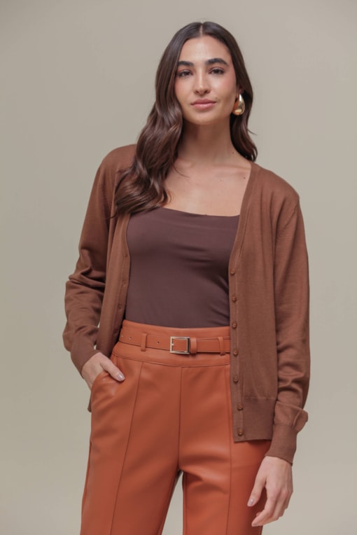 Cardigan Decote V  Marrom
