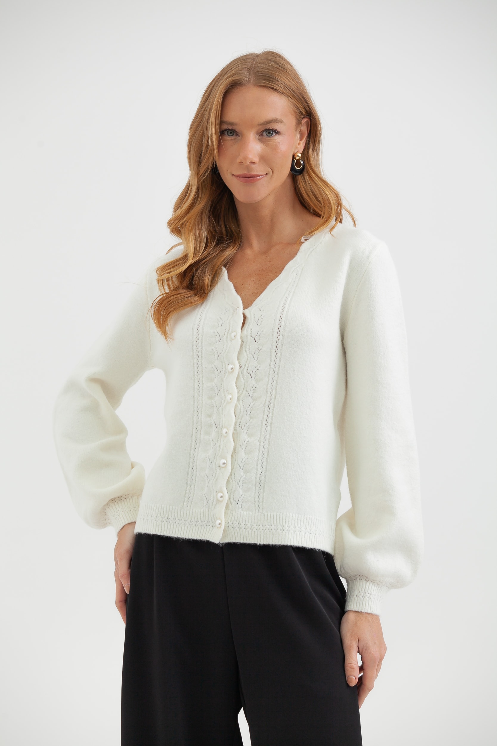 Cardigan Em Tricot Com Botões De Pérolas Off-white