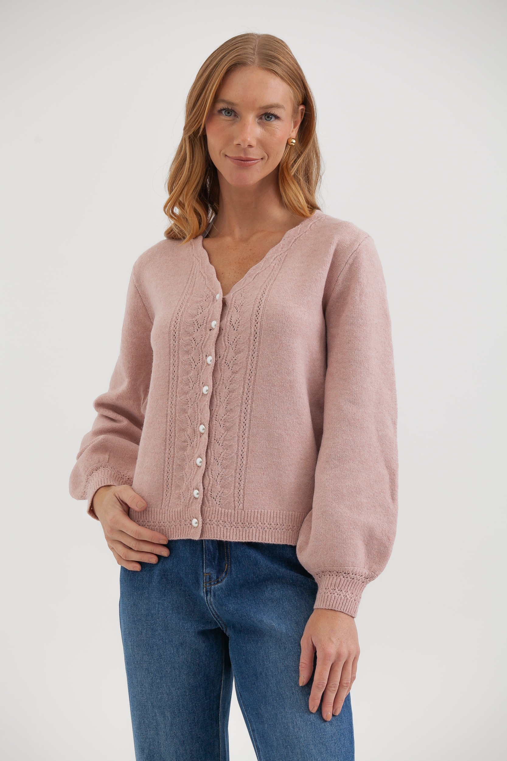 Cardigan Em Tricot Com Botões De Pérolas Rosê