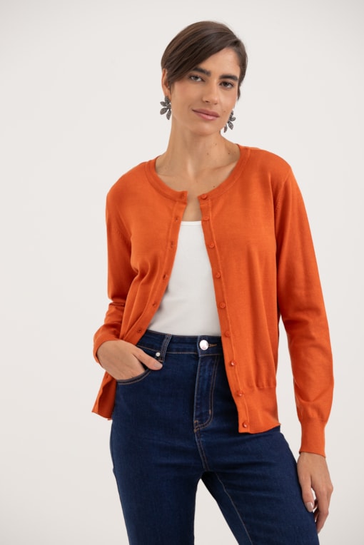 Cardigan Em Tricot Gola Redonda Laranja