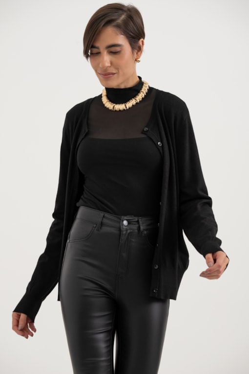 Cardigan Em Tricot Gola Redonda Preto