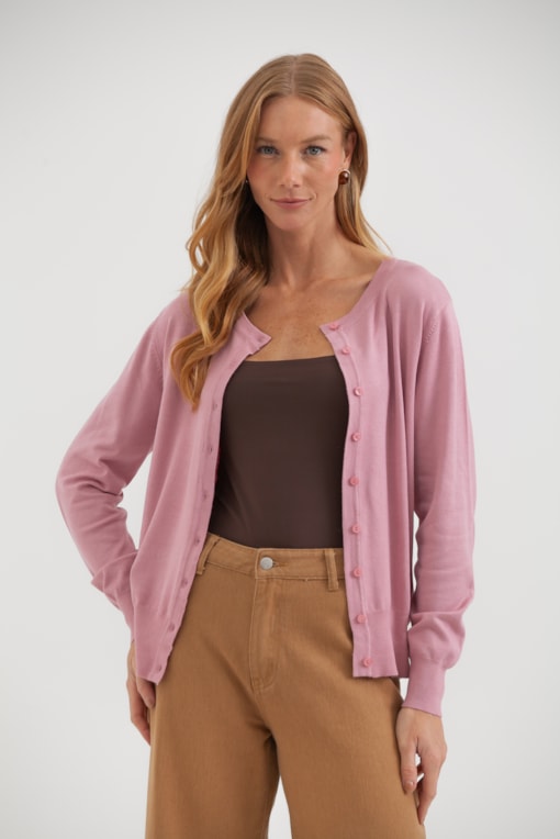 Cardigan Em Tricot Gola Redonda Rosê