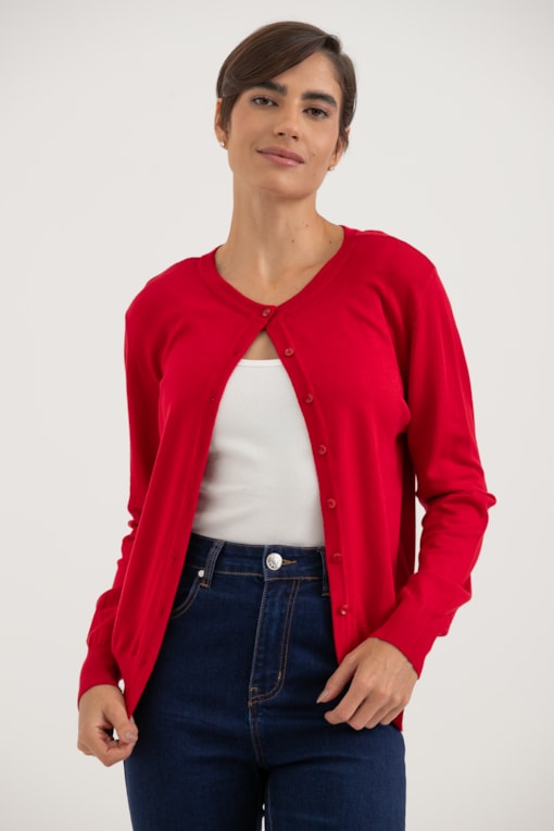 Cardigan Em Tricot Gola Redonda Vermelho