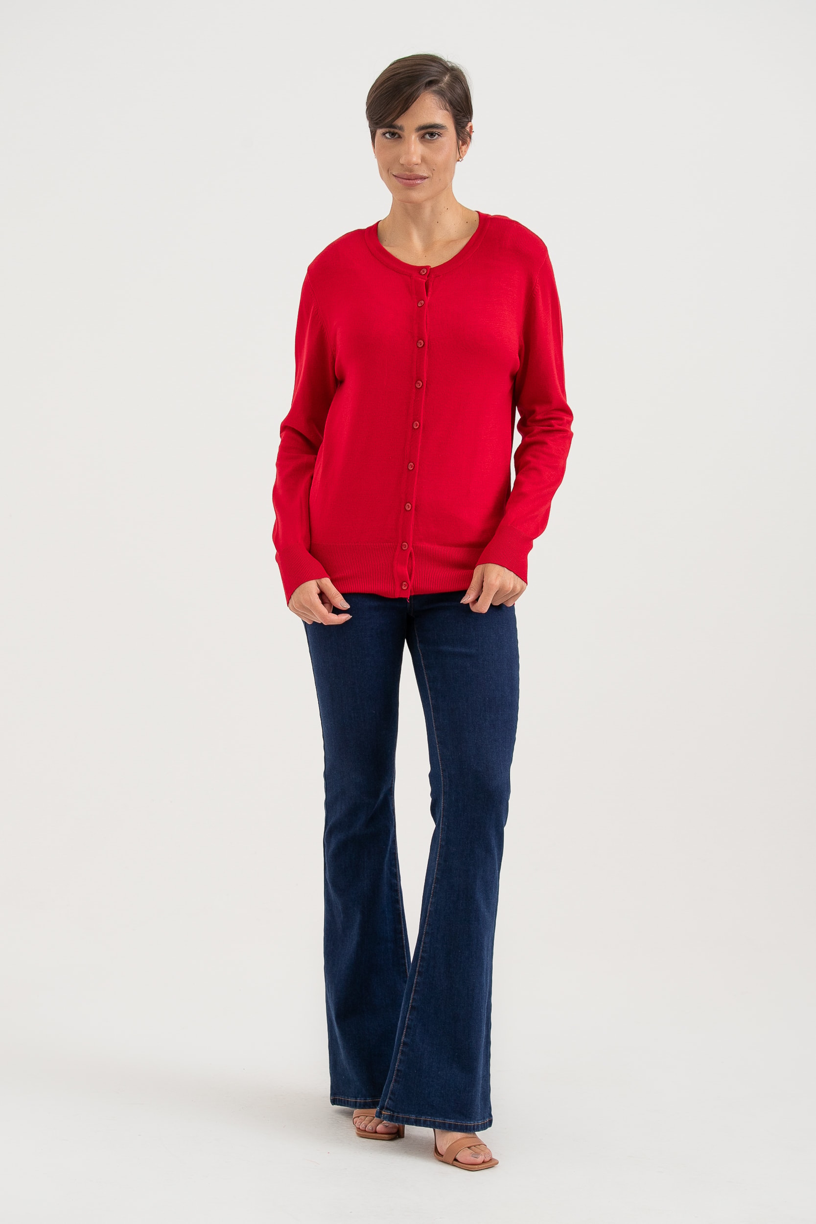 Cardigan Em Tricot Gola Redonda Vermelho