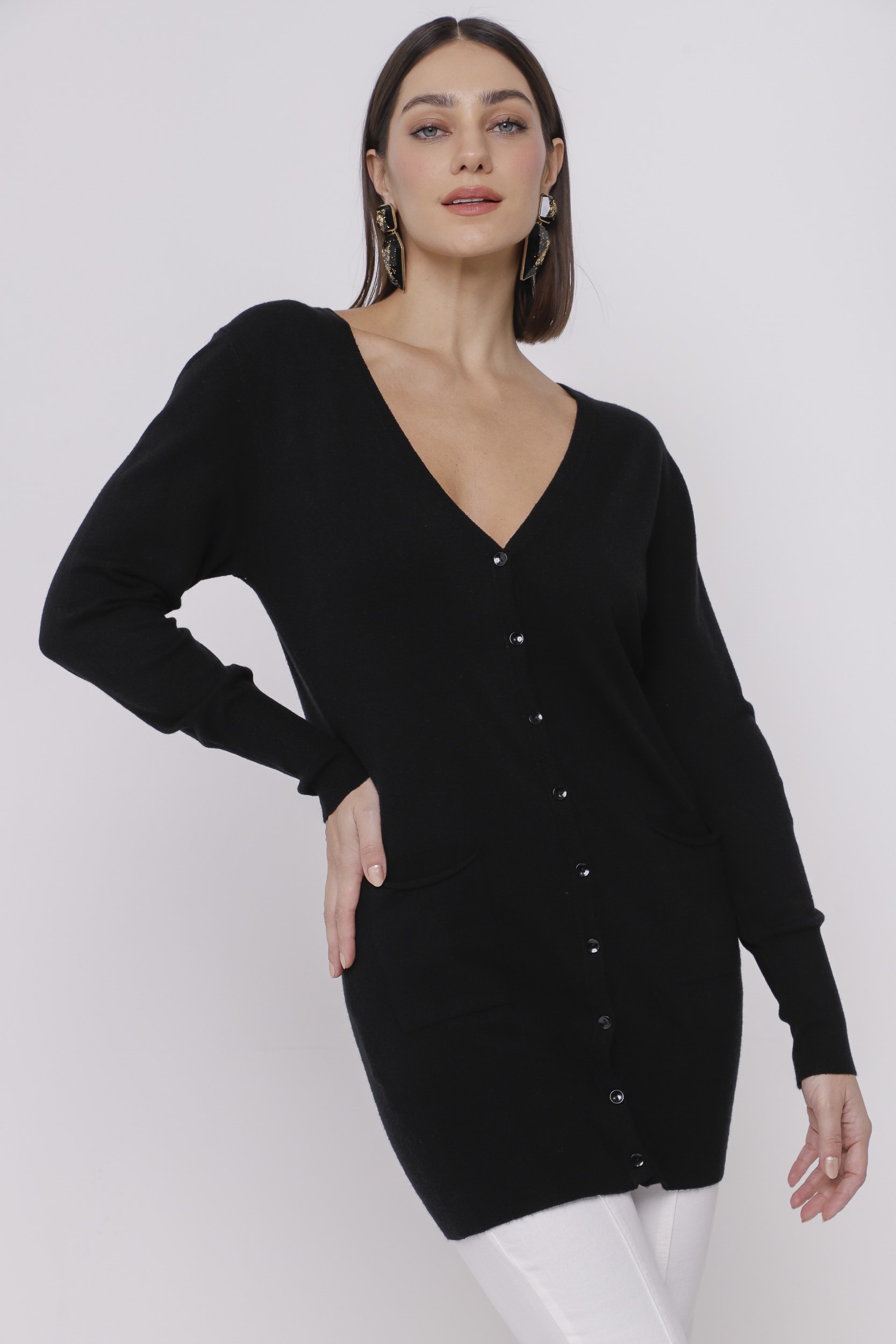 Cardigan Tricô Alongado Preto