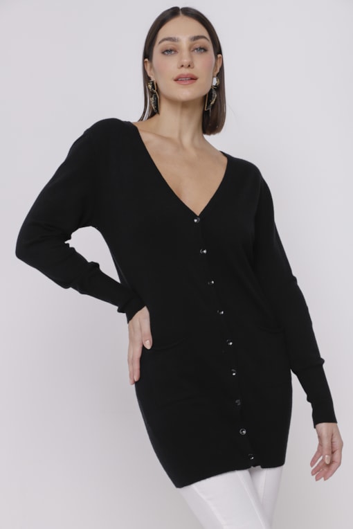 Cardigan Tricô Alongado Preto