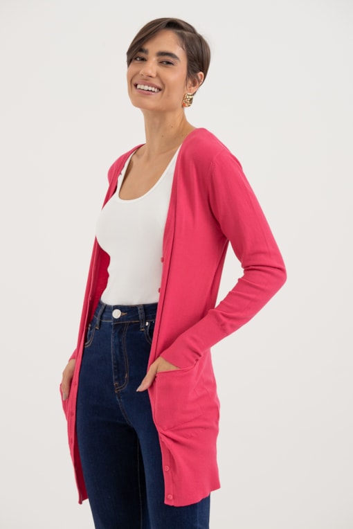 Cardigan Tricô Alongado Rosa
