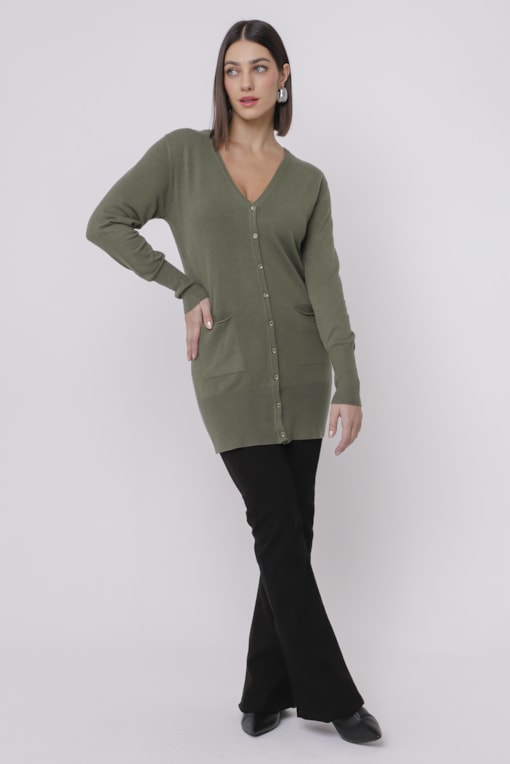 Cardigan Tricô Alongado Verde oliva