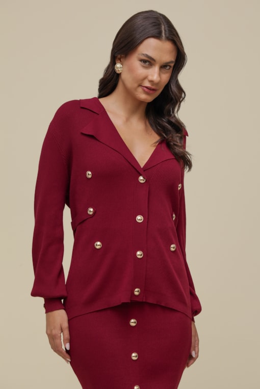 Cardigan Tricô Botões Cereja