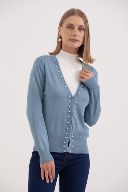 Cardigan Tricô Com Pérolas  Azul
