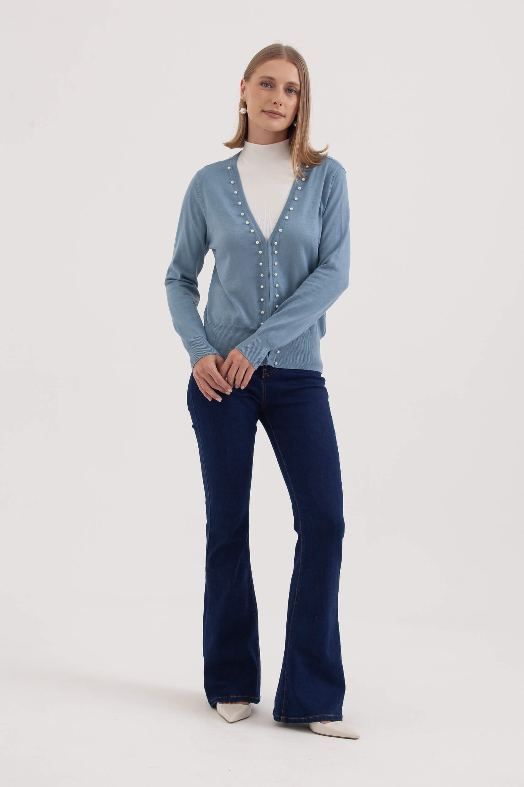 Cardigan Tricô Com Pérolas  Azul