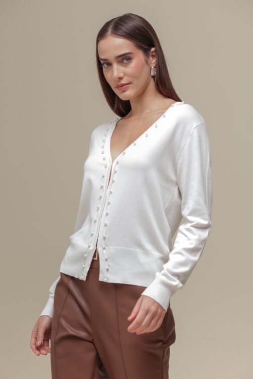 Cardigan Tricô Com Pérolas  Branco