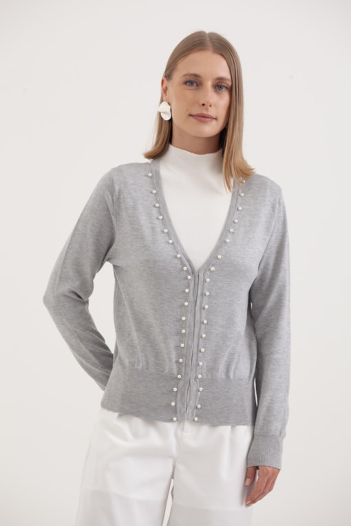 Cardigan Tricô Com Pérolas  Mescla