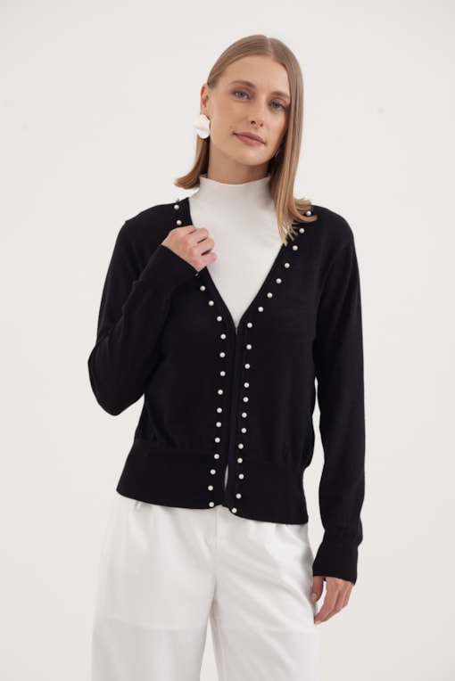 Cardigan Tricô Com Pérolas  Preto