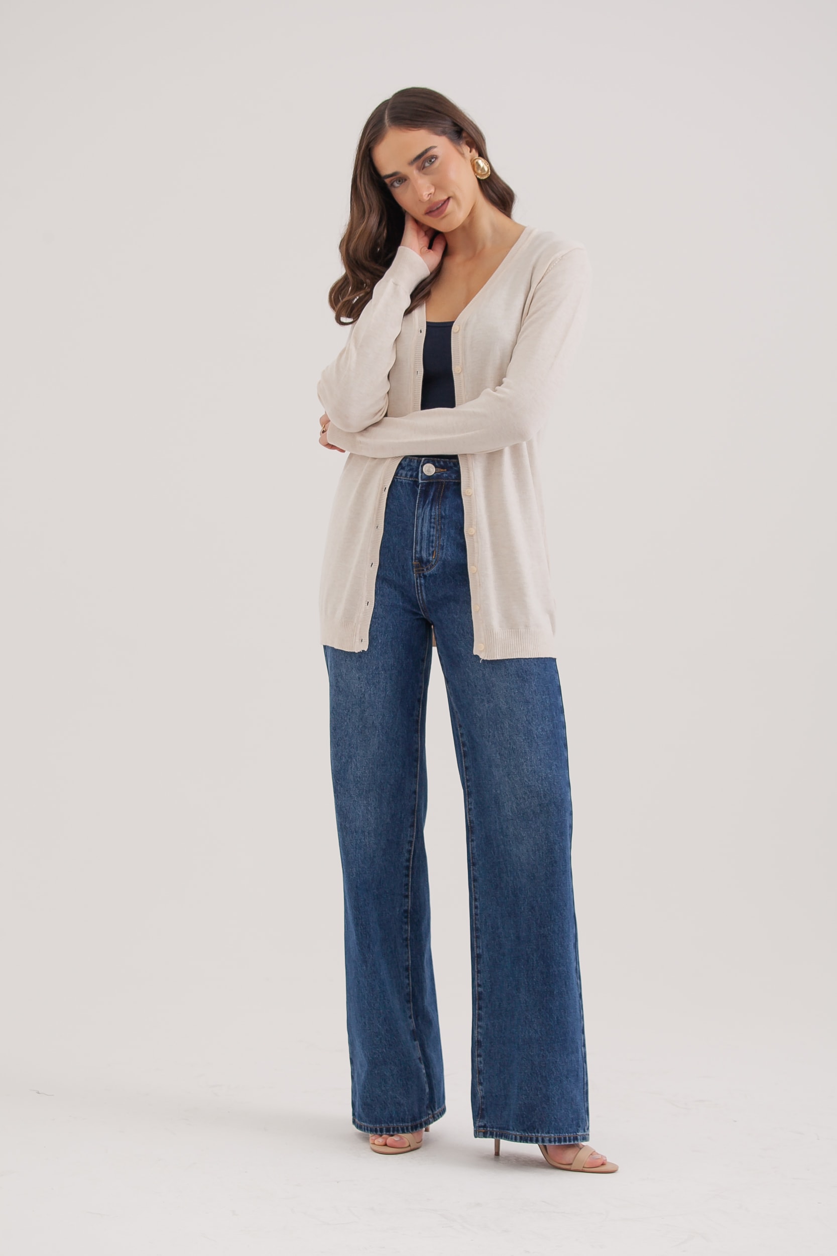 Cardigan Tricô Decote V  Areia