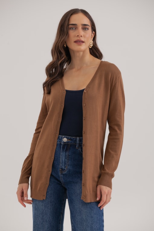 Cardigan Tricô Decote V  Marrom