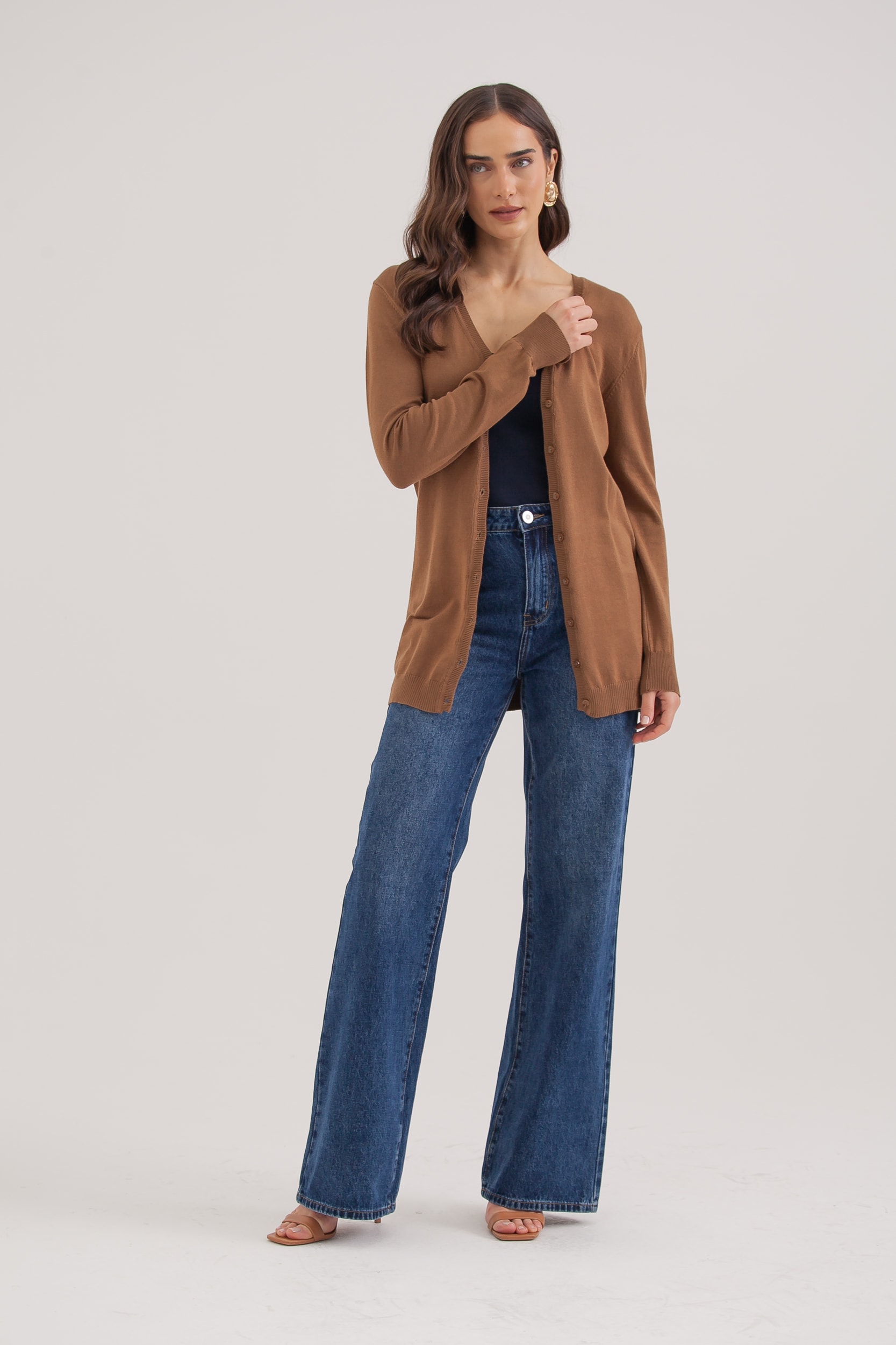 Cardigan Tricô Decote V  Marrom