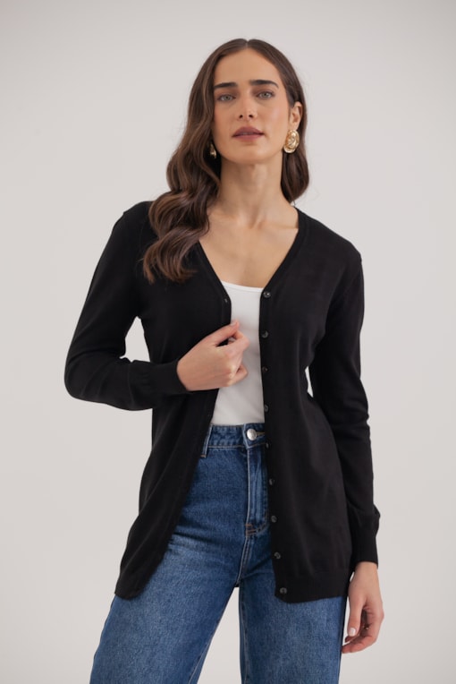 Cardigan Tricô Decote V  Preto