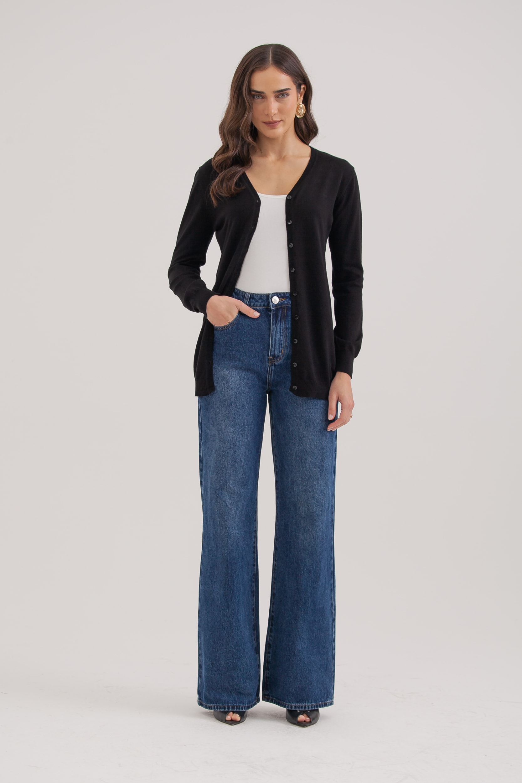 Cardigan Tricô Decote V  Preto
