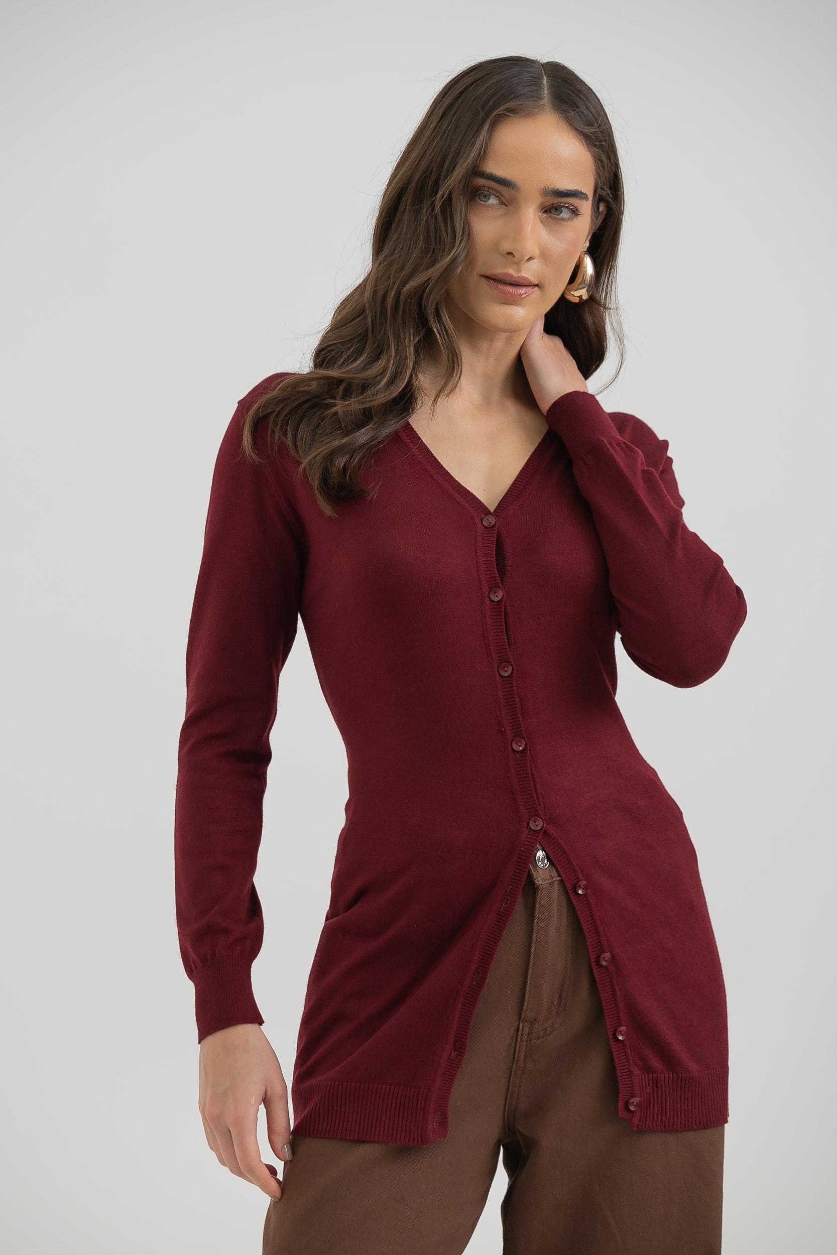 Cardigan Tricô Decote V  Vinho
