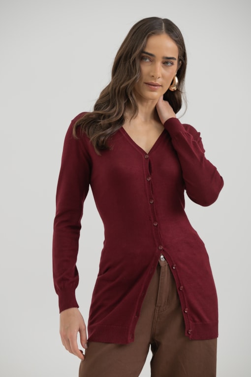 Cardigan Tricô Decote V  Vinho