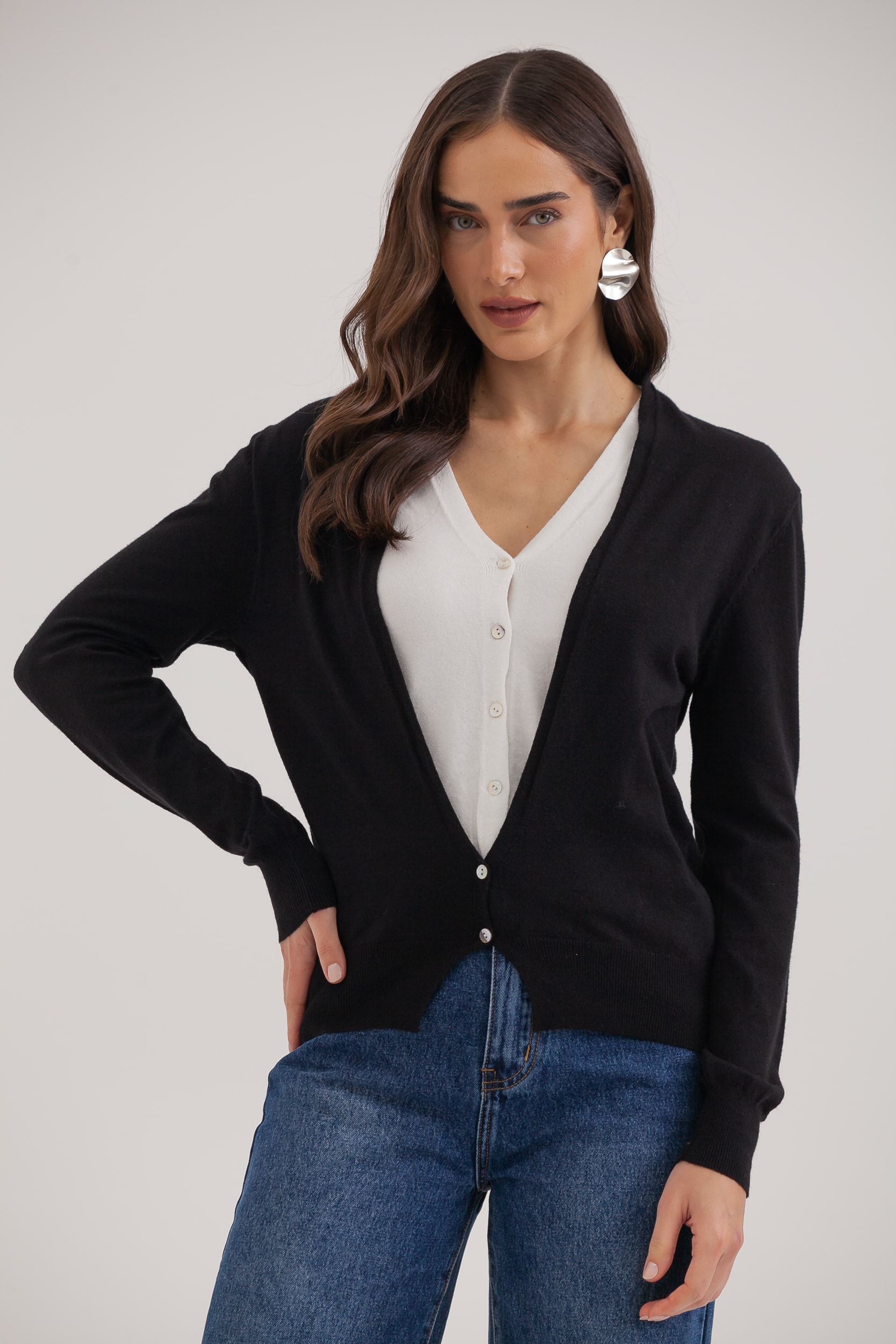 Cardigan Tricô Duplo Preto