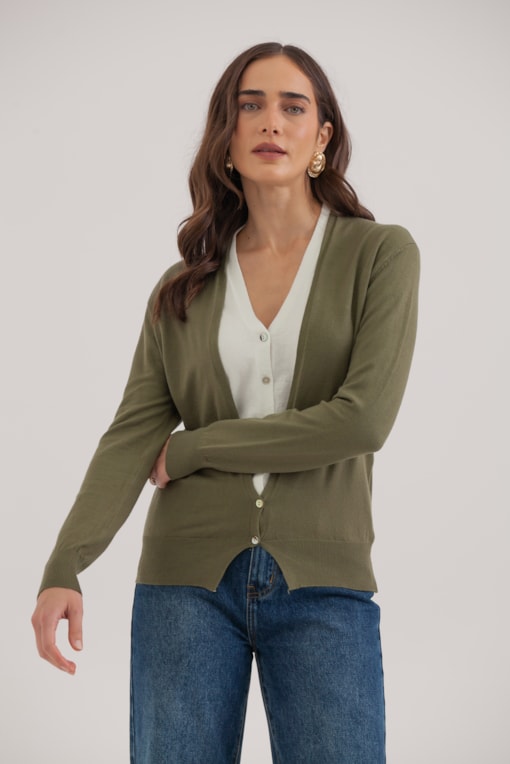 Cardigan Tricô Duplo Verde 