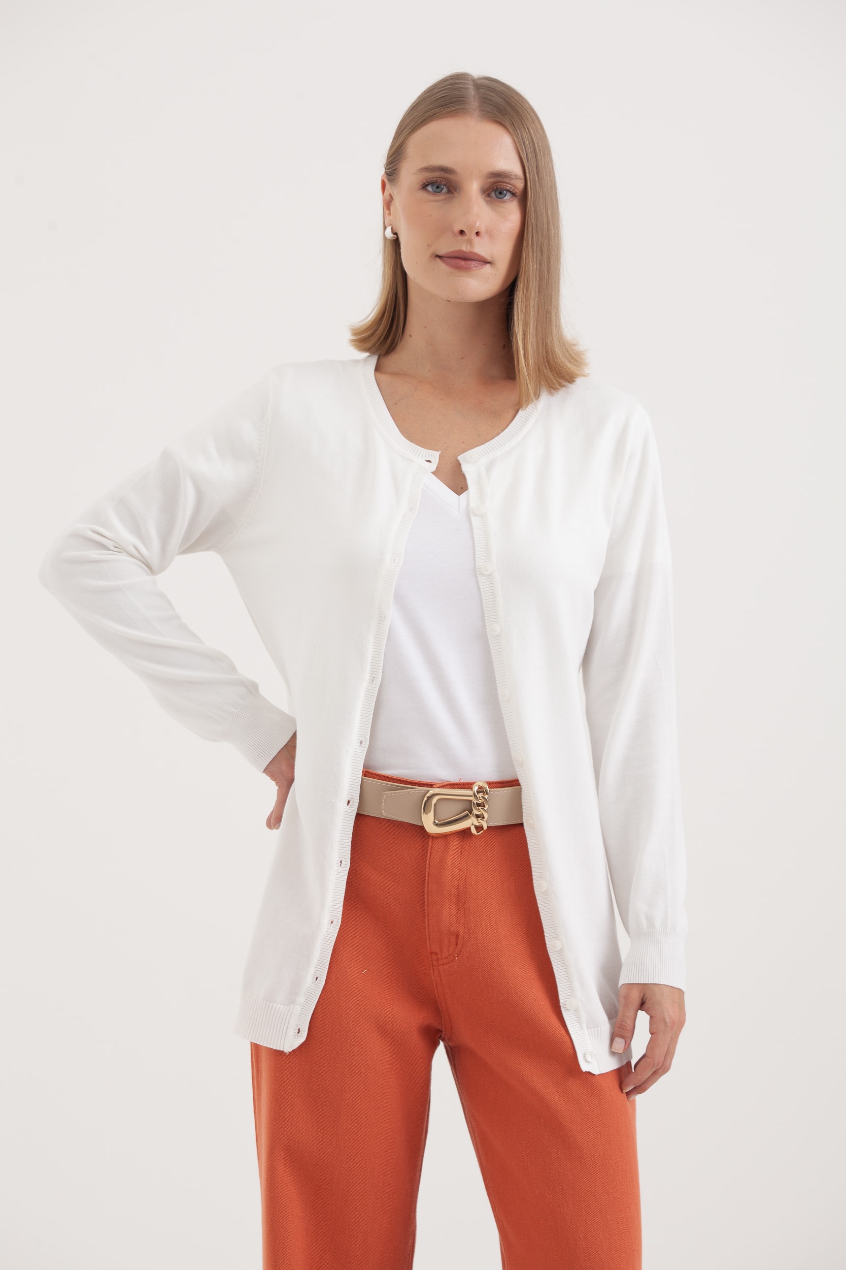 Cardigan Tricô Gola Redonda Branco