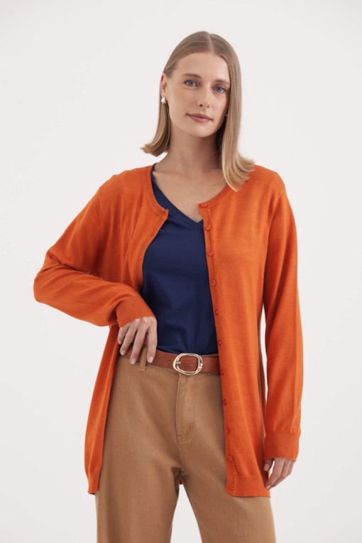 Cardigan Tricô Gola Redonda Laranja