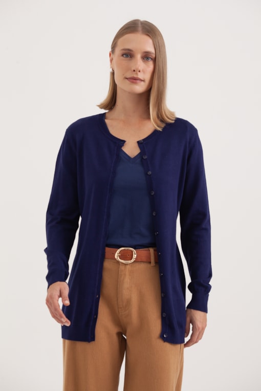 Cardigan Tricô Gola Redonda Marinho 