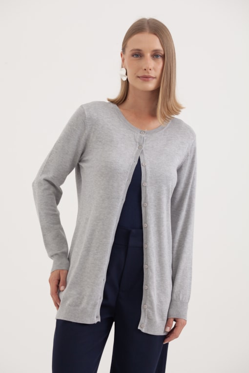 Cardigan Tricô Gola Redonda Mescla