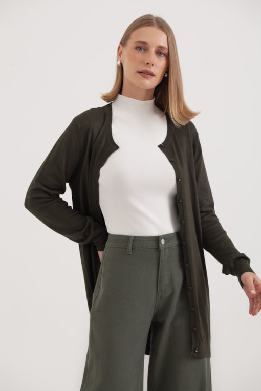 Cardigan Tricô Gola Redonda Verde 