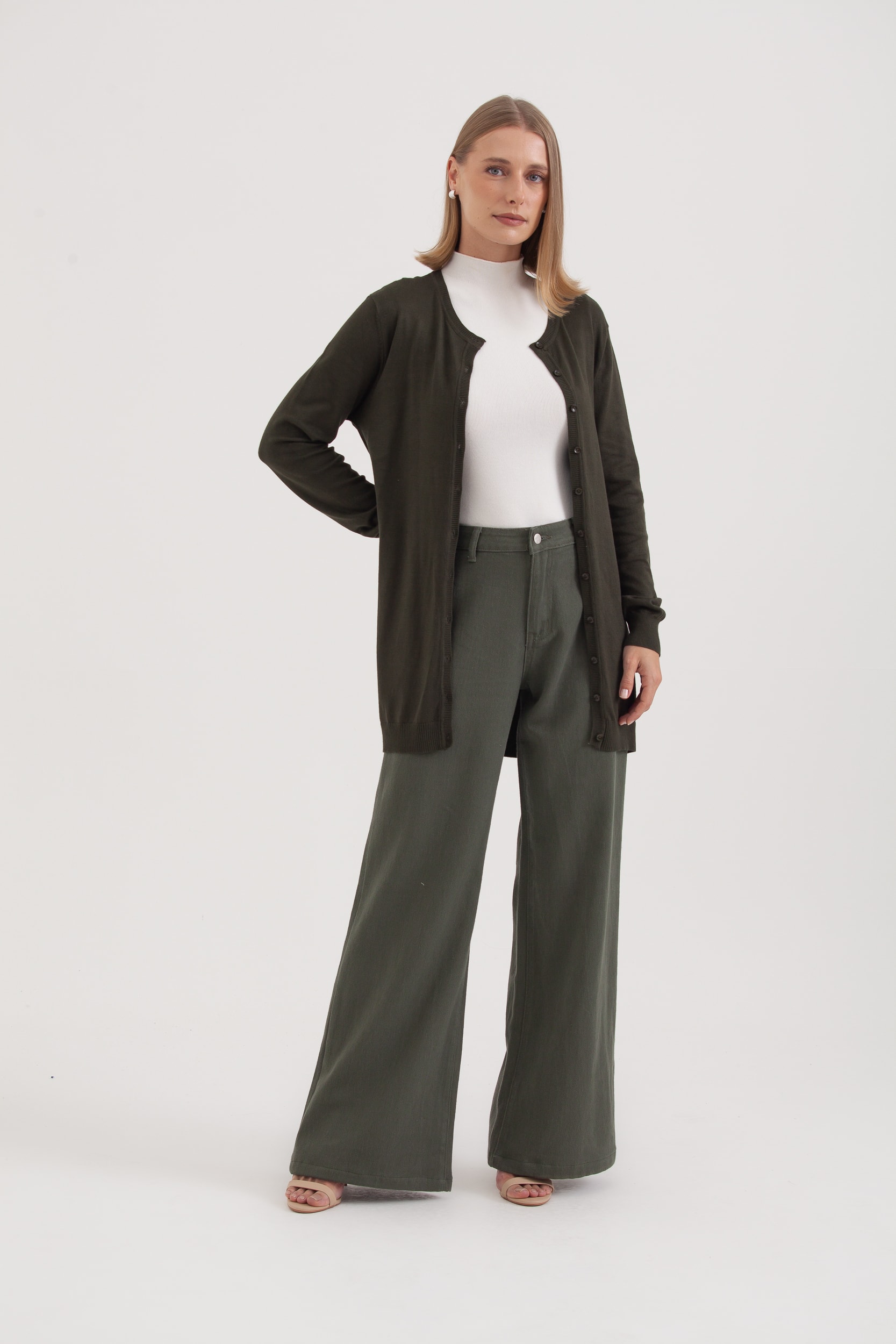 Cardigan Tricô Gola Redonda Verde 