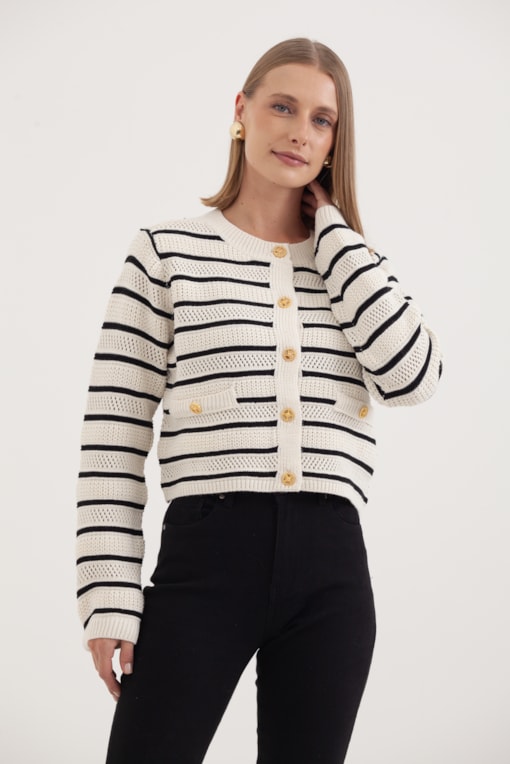 Cardigan Tricot Listrado E Botões Off-white