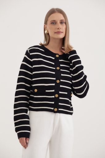 Cardigan Tricot Listrado E Botões Preto