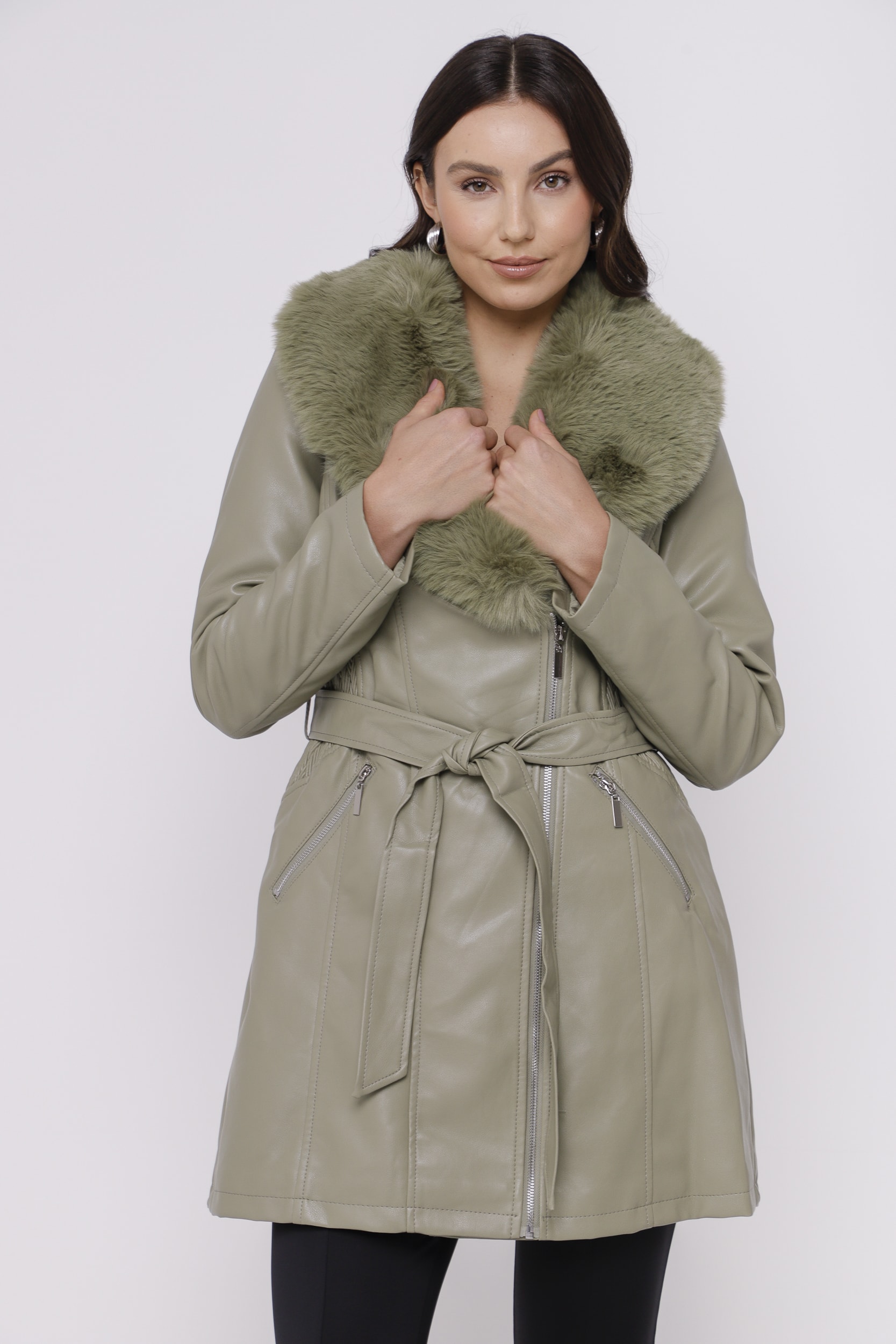 Casaco Alongado PU Maxi Gola Pelo Verde 