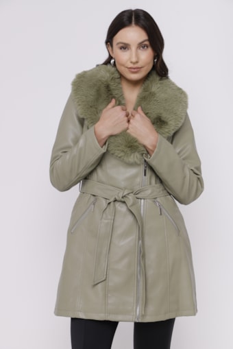 Casaco Alongado PU Maxi Gola Pelo Verde 