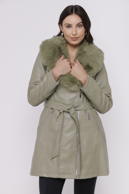 Casaco Alongado PU Maxi Gola Pelo Verde 