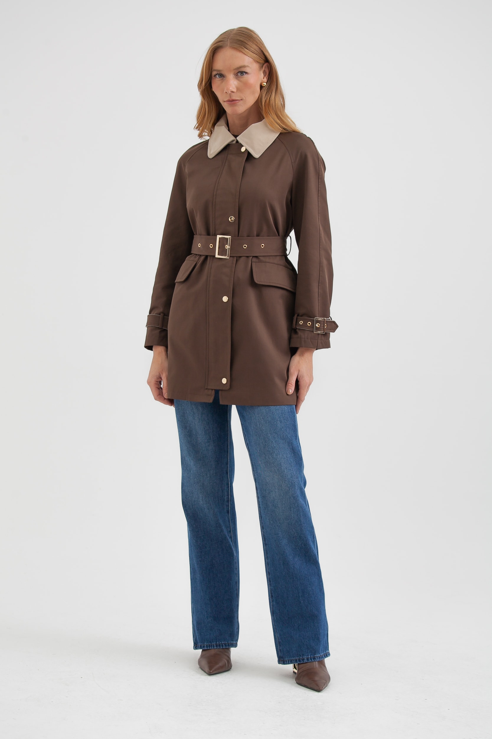 Casaco Gola Suede Contrastante Marrom
