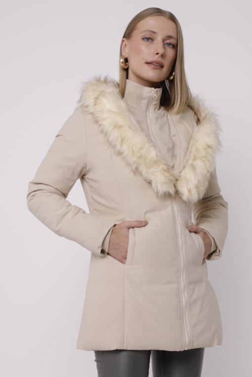 Casaco Puffer Zíper Duplo Com Capuz  Bege