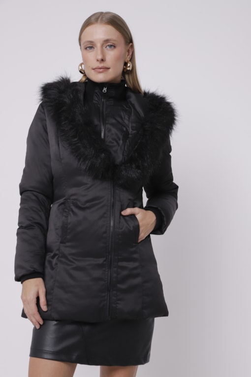 Casaco Puffer Zíper Duplo Com Capuz  Preto