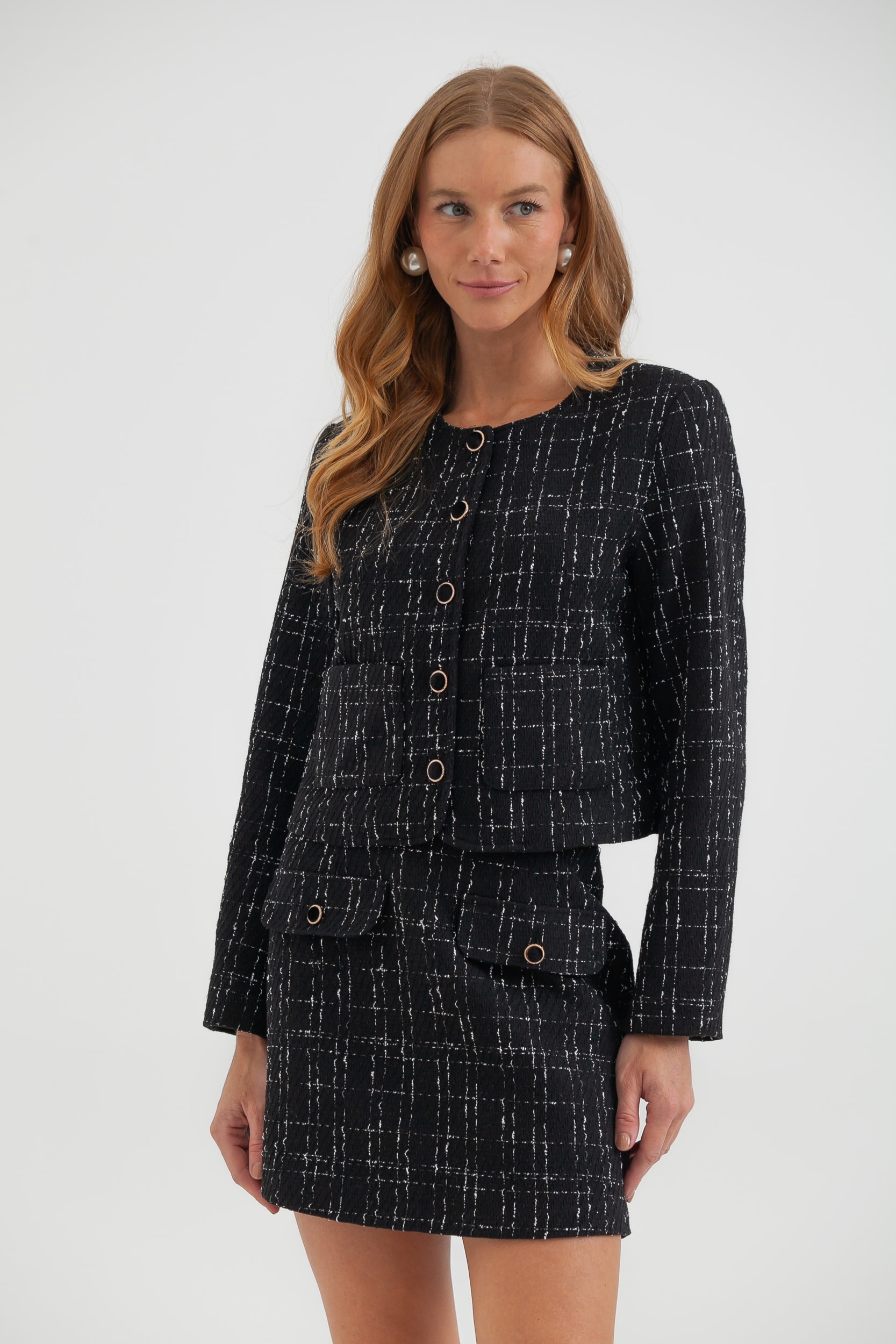 Casaqueto De Tweed Com Botões Esmaltados Preto