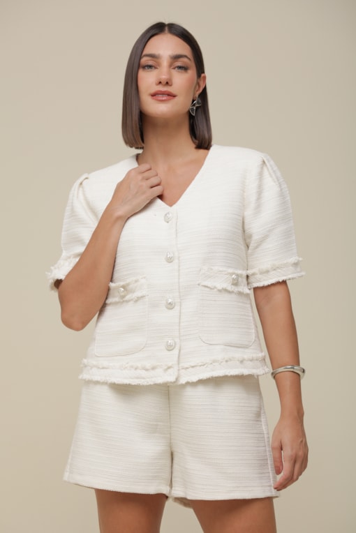 Casaqueto Tweed Manga Curta Off-white