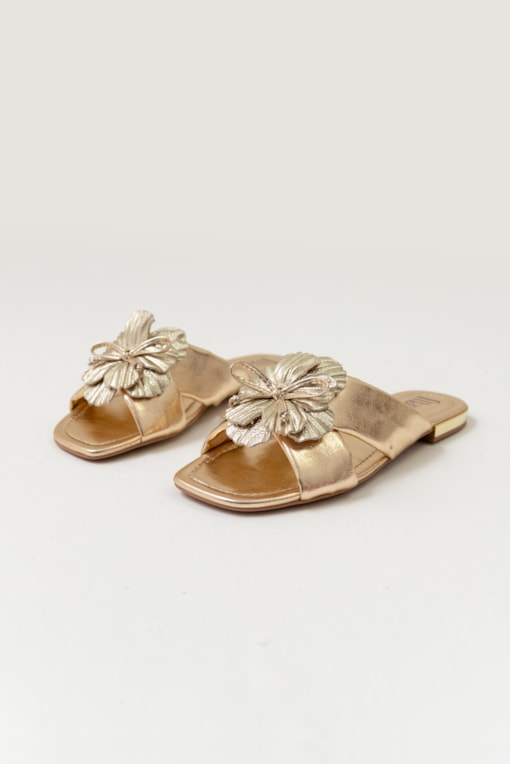 Chinelo Tiras Largas com Aplicação Flor Dourado