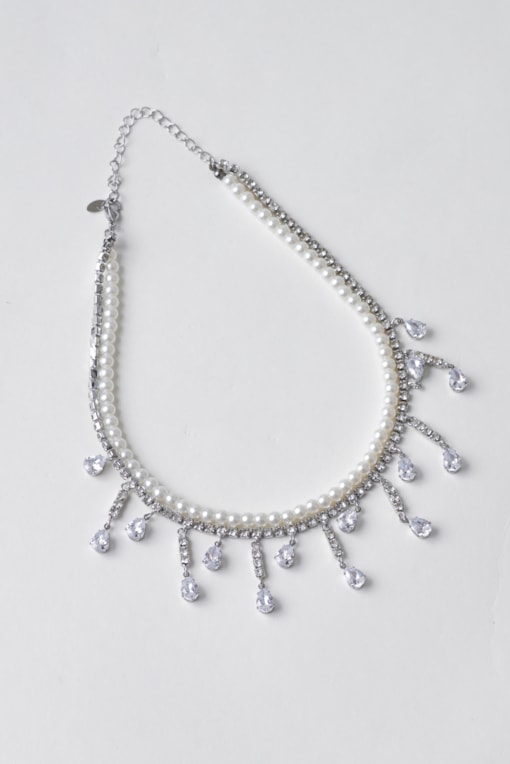 Colar Duplo Pérolas E Strass Com Mini Gotas Prata