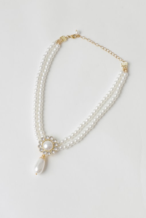 Colar Pérola Pingente Moldura Strass E Pendente Pérola Gota Branco